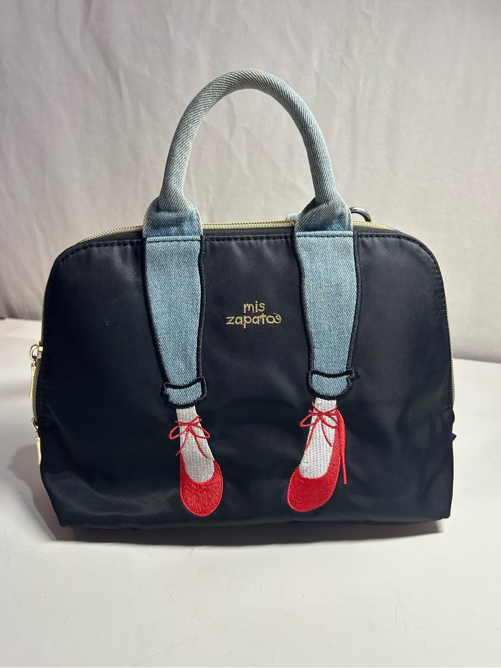 Mis Zapatos Black Nylon Handbag, Denim Legs/ Red Shoes. Kawaii